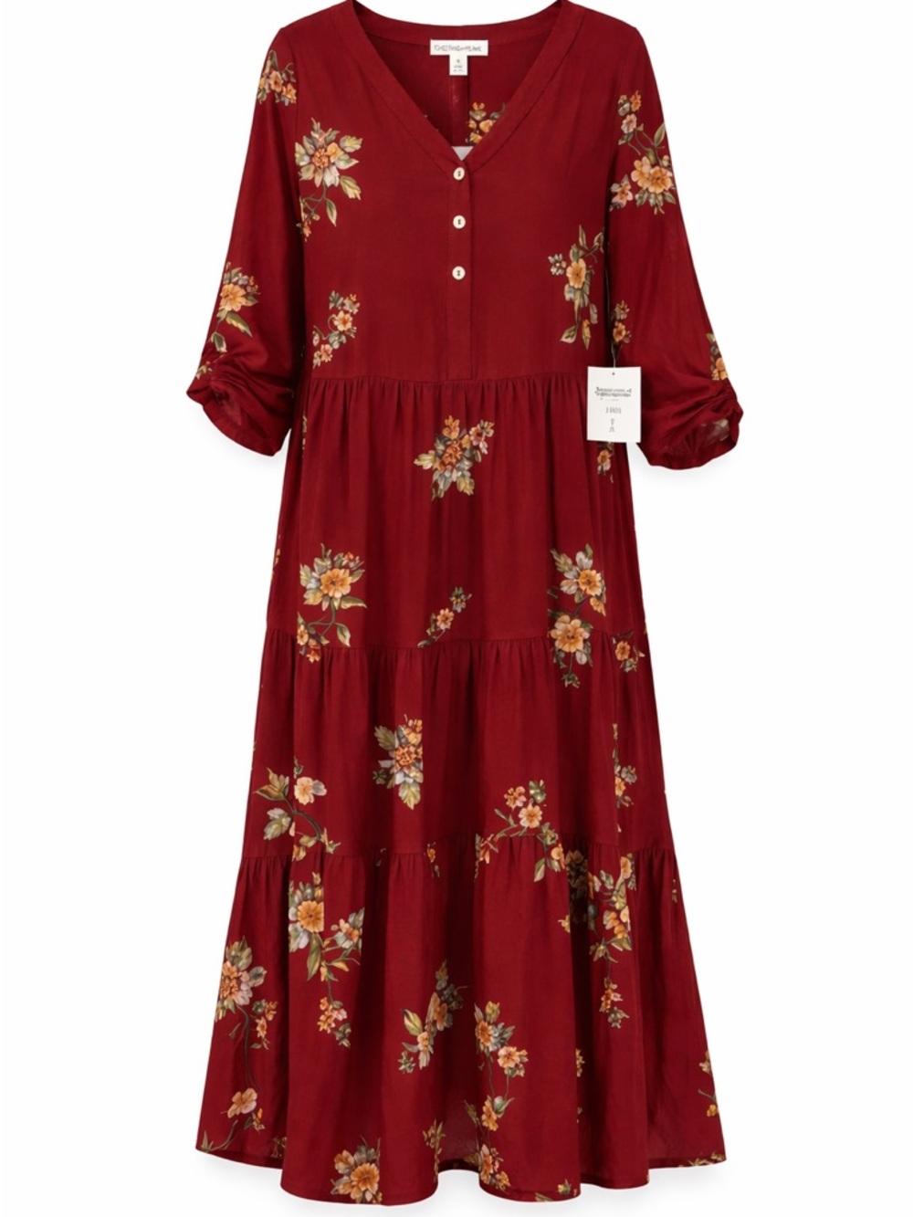 Cactus + Pearl Burgundy Floral Tiered Midi Dress Boho Button Front XL NWT - Picture 3 of 6
